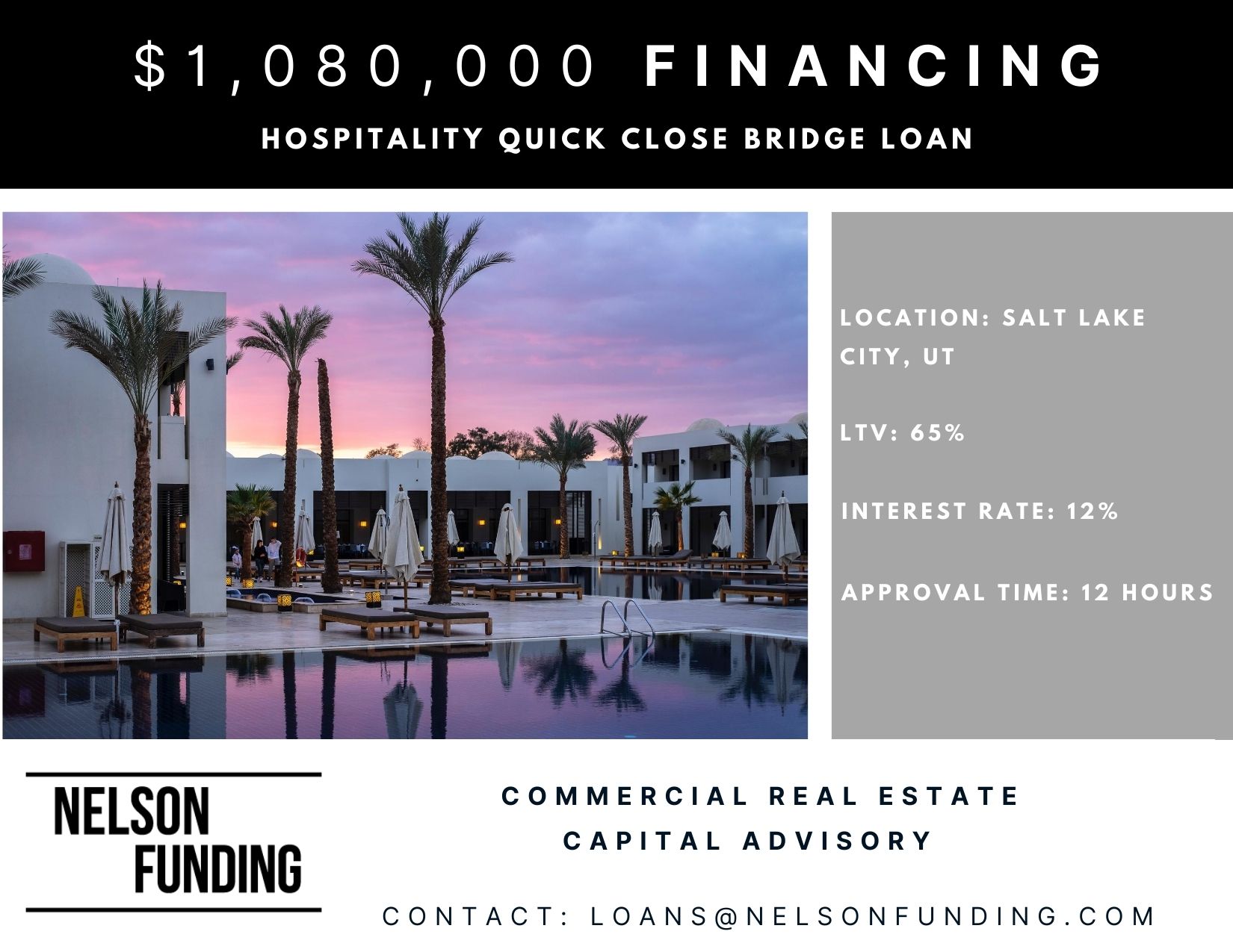 Closes $1,080,000 Hotel Bridge Loan in Salt Lake City, Utah1