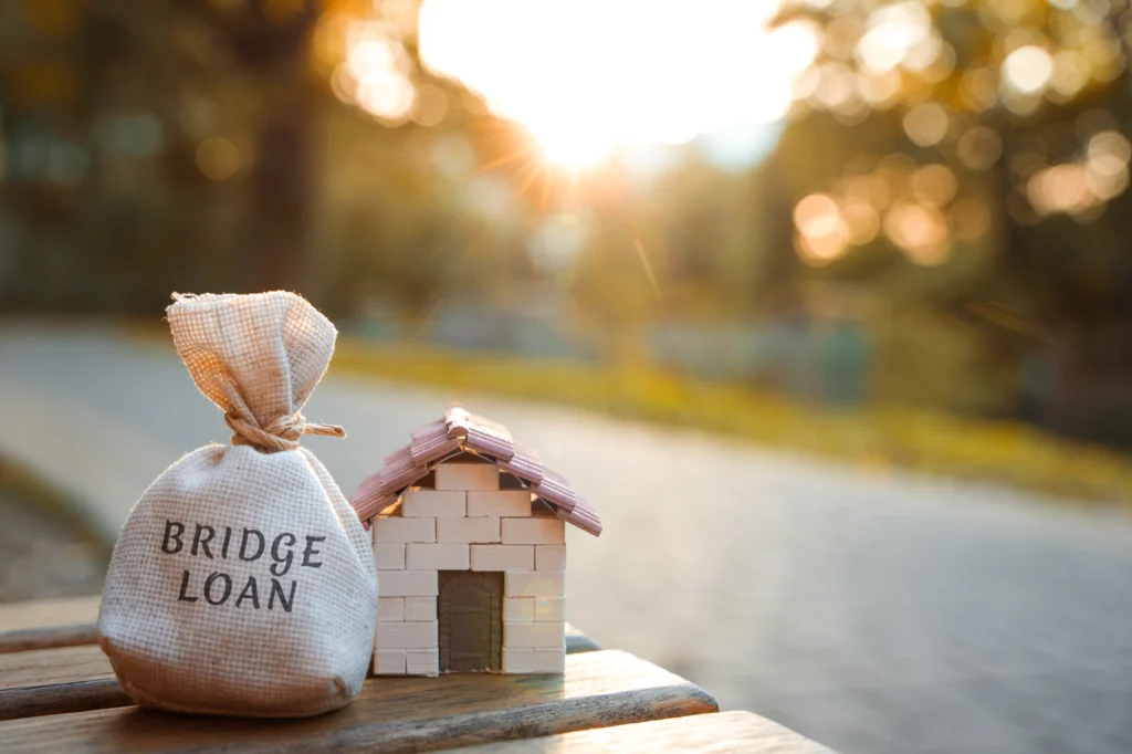 Small sack labelled Bridge Loan beside a toy brick house