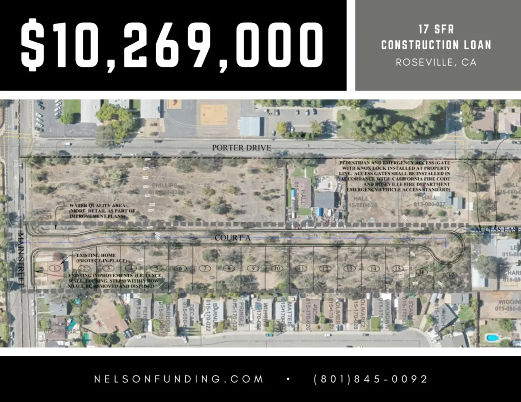 Nelson Funding deal graphic: $10,269,000, Roseville, CA, 17 SFR construction loan